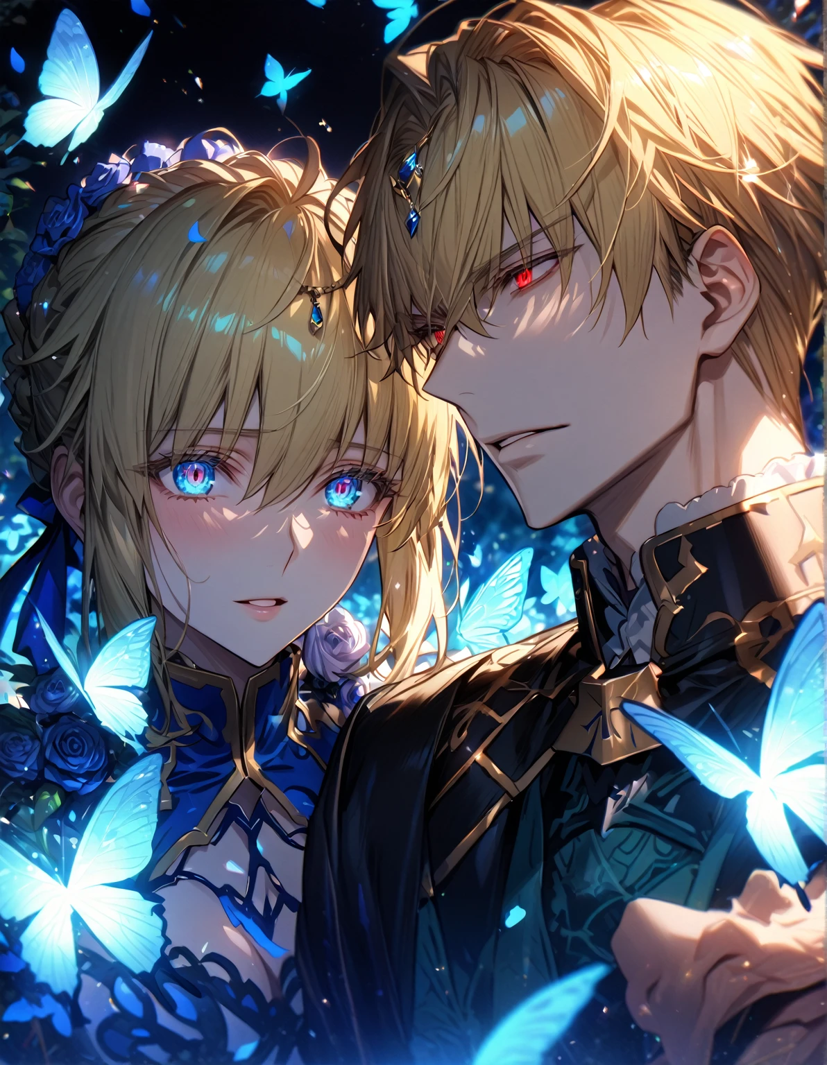 absurdres, highres, ultra detailed, HDR, master piece, best quality, extremely detailed, detailed eyes, detailed face, Gilgamesh, blonde hair, expressive red eyes, Fate Grand Order, Artoria Pendragon, Saber, blonde hair, expressive turquoise eyes, handsome man together with a beautiful woman, white clothes, black clothes, glittering blue butterflies, garden, magic circle, green leaves, blue petals, blue roses, fantasy, magical