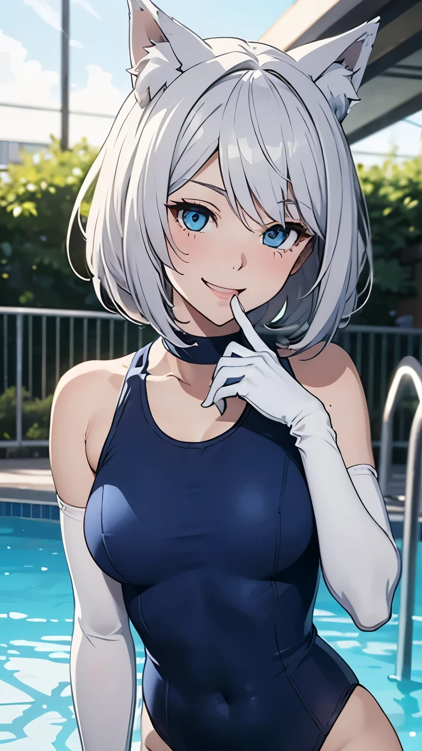 origamitobiichi, Origami Tobiichi Casual, short hair, blue eyes, happy smile, smile, Shut your mouth.,Medium Breast,smile,Wet swimsuit,Wet Hair,Wet Skin,whole bodyがイラストに入るように,School Swimsuit,School Swimsuitを着た群衆,student,sunny,Daytime,
break outdoors ,School,Outdoor swimming pool,
break looking at viewer, whole body,(Cowboy Shot:1. 5) ,
break (masterpiece:1.2), highest quality, High resolution, unity 8k wallpaper, (shape:0.8), (Beautiful details:1.6), Highly detailed face, Perfect lighting, Highly detailed CG, (Perfect hands, Perfect Anatomy),