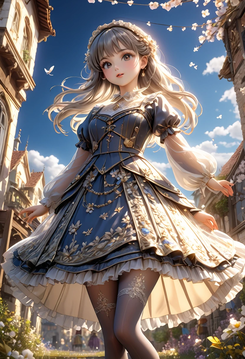 (Highly detailed CG Octane render 8k wallpaper), The most beautiful works of art in the world, Full body shot from below, Complex, high detail, ８Year old girl, Gold and silver embroidery, Medieval Long Dress（With panniers）, Crystal clear fabric, Pull up your skirt, Strong winds, Transparent slip, Translucent tights, Peeking from below, Best Quality, Disarray of clothing, Lying down, underwear, Show off your thighs, night, Skirt lining, Bloomers