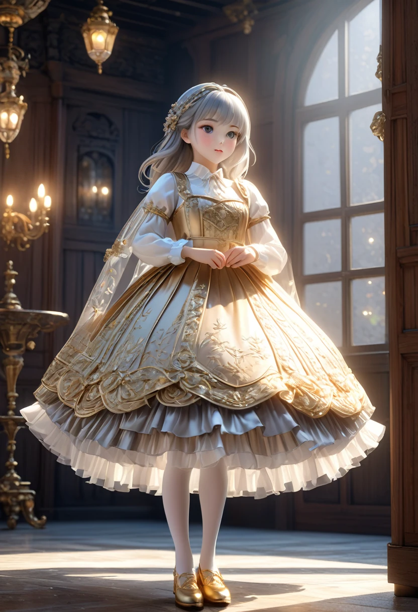 (Highly detailed CG Octane render 8k wallpaper), The most beautiful works of art in the world, Full body shot from below, Complex, high detail, ８Year old girl, Gold and silver embroidery, Medieval Long Dress（With panniers）, Crystal clear fabric, Pull up your skirt, Strong winds, Transparent slip, Translucent tights, Peeking from below, Best Quality, Disarray of clothing, Lying down, underwear, Show off your thighs, night, Skirt lining, Bloomers