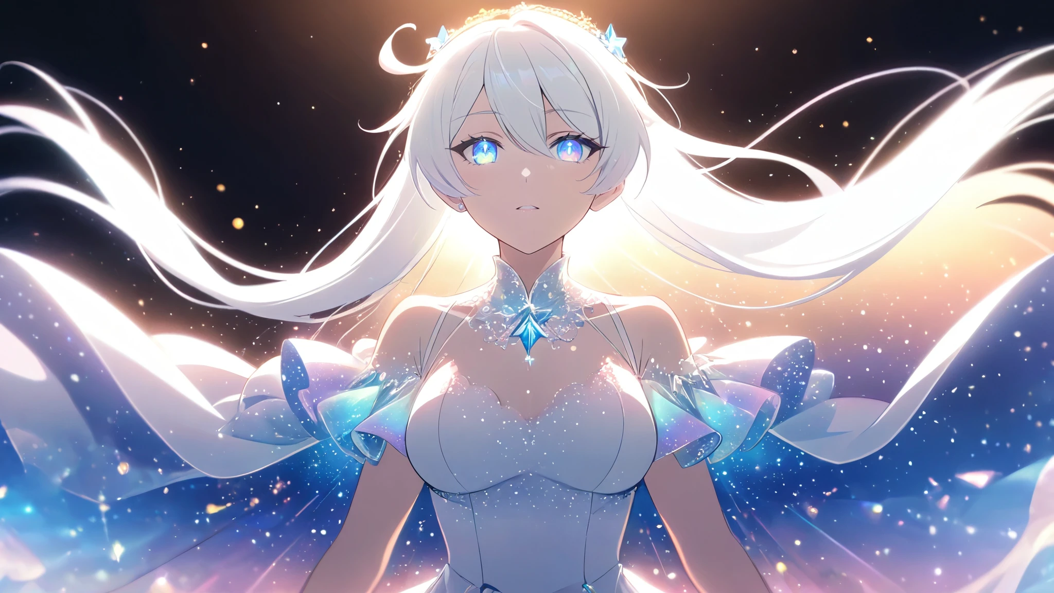 A beautiful young woman with long white hair falling gracefully from the sky, wearing a flowing white dress with a symmetrical, highly detailed face, surrounded by translucent multicolored glitters in a soft, dreamy, and dramatic lighting at golden hour, elegant and intricate,vivid color,sparkling,god rays,iridescence,threads of light,holy aura,clear blue starry eyes,((kiana kaslana)),a girl like a shooting star