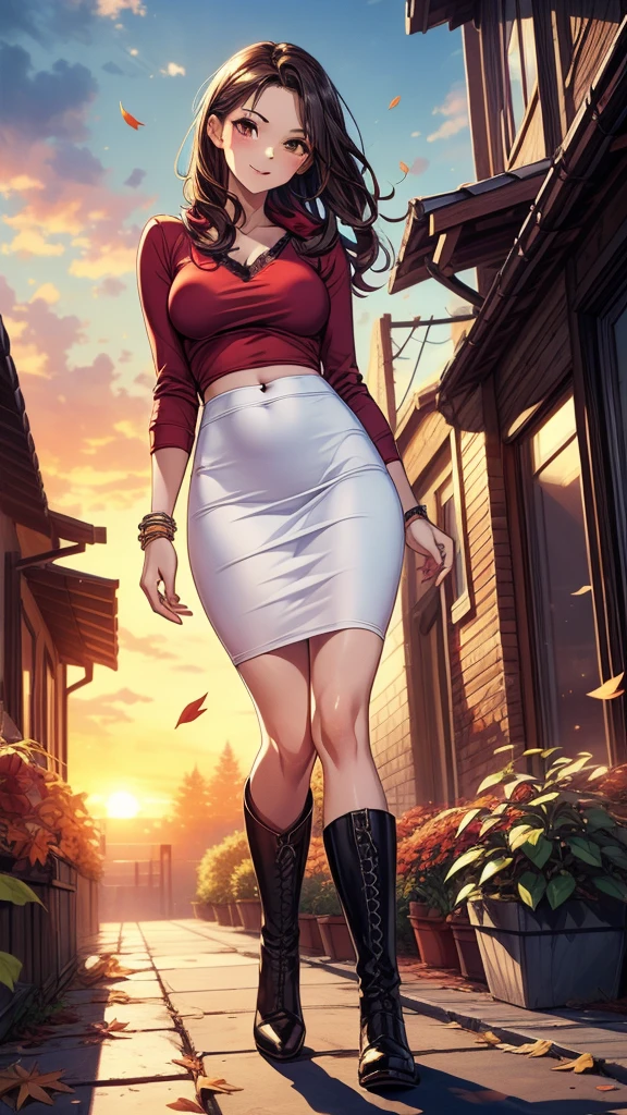 A cute but confident Girl, Long Brunette Hair, Beautiful Blue Eyes, (Very Huge Breasts), and is fairly muscular. full-body, slightly close-up camera, 18 year-old, wearing an outfit that accentuates her Beauty and Personality while still being respectful, practical, and casual. A (Worn, Plaid Red Jacket), a White Shirt underneath, (Navy-Blue Heavily-worn Jeans), Leather Belt with a small Gold Buckle, Dark-Grey Boots, and (Black fingerless Gloves). She is peacefully taking a stroll through the Forest around her Log-Cabin.