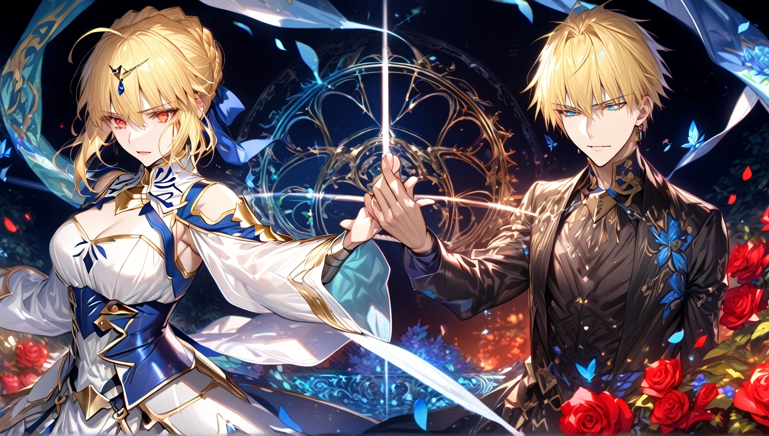 absurdres, highres, ultra detailed, HDR, master piece, best quality, extremely detailed, detailed eyes, detailed face, Gilgamesh, blonde hair, expressive red eyes, Fate Grand Order, Artoria Pendragon, Saber, blonde hair, expressive turquoise eyes, handsome man together with a beautiful woman, white clothes, black clothes, glittering blue butterflies, garden, magic circle, green leaves, blue petals, blue roses, fantasy, magical