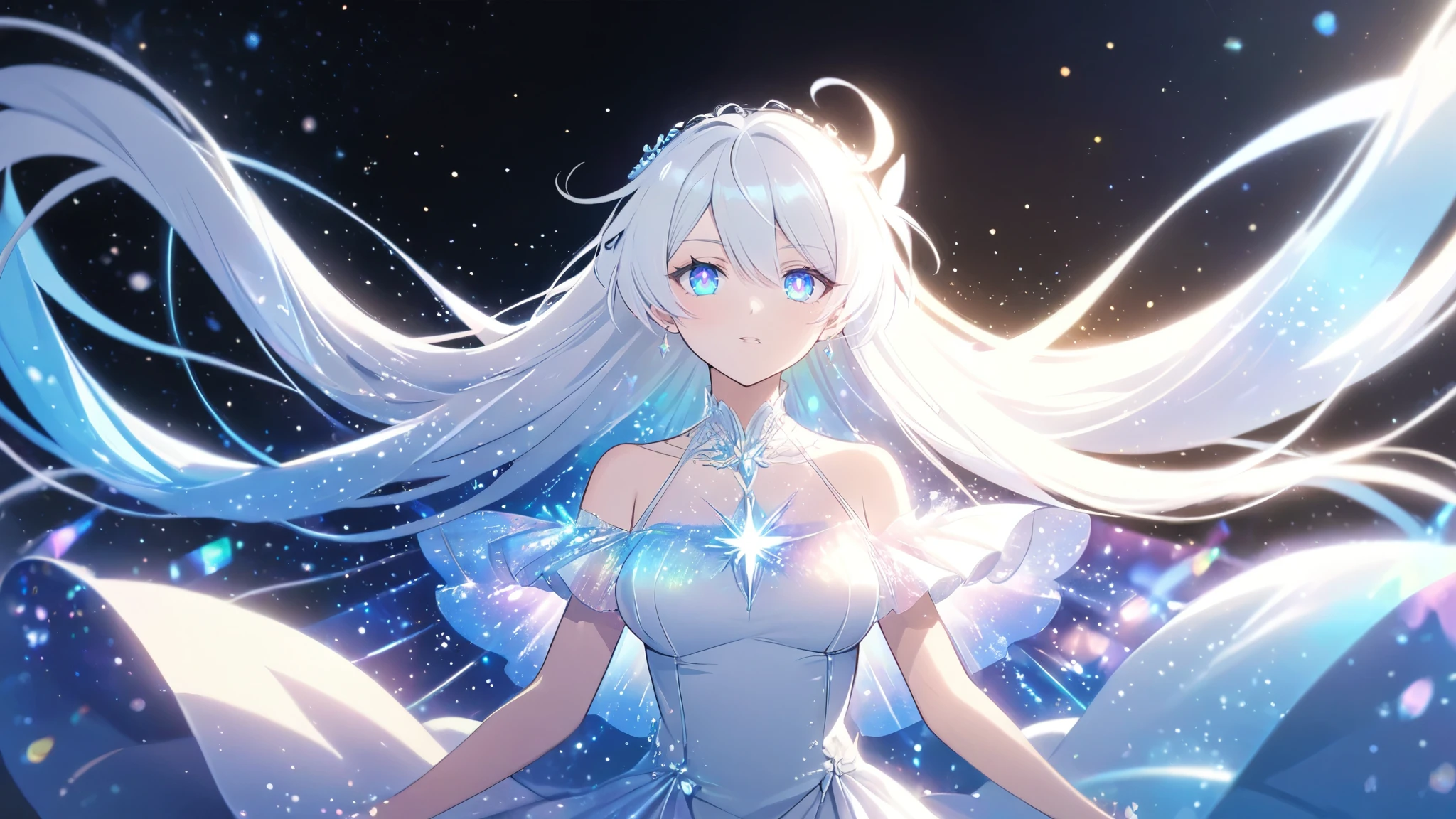 A beautiful young woman with long white hair falling gracefully like a shooting star from the night sky, wearing a flowing white dress with a symmetrical, highly detailed face, surrounded by translucent multicolored glitters in a soft, dreamy, and dramatic lighting at golden hour, elegant and intricate,vivid color,sparkling,god rays,iridescence,threads of light,holy aura,clear blue starry eyes,((kiana kaslana)),a girl like a shooting star