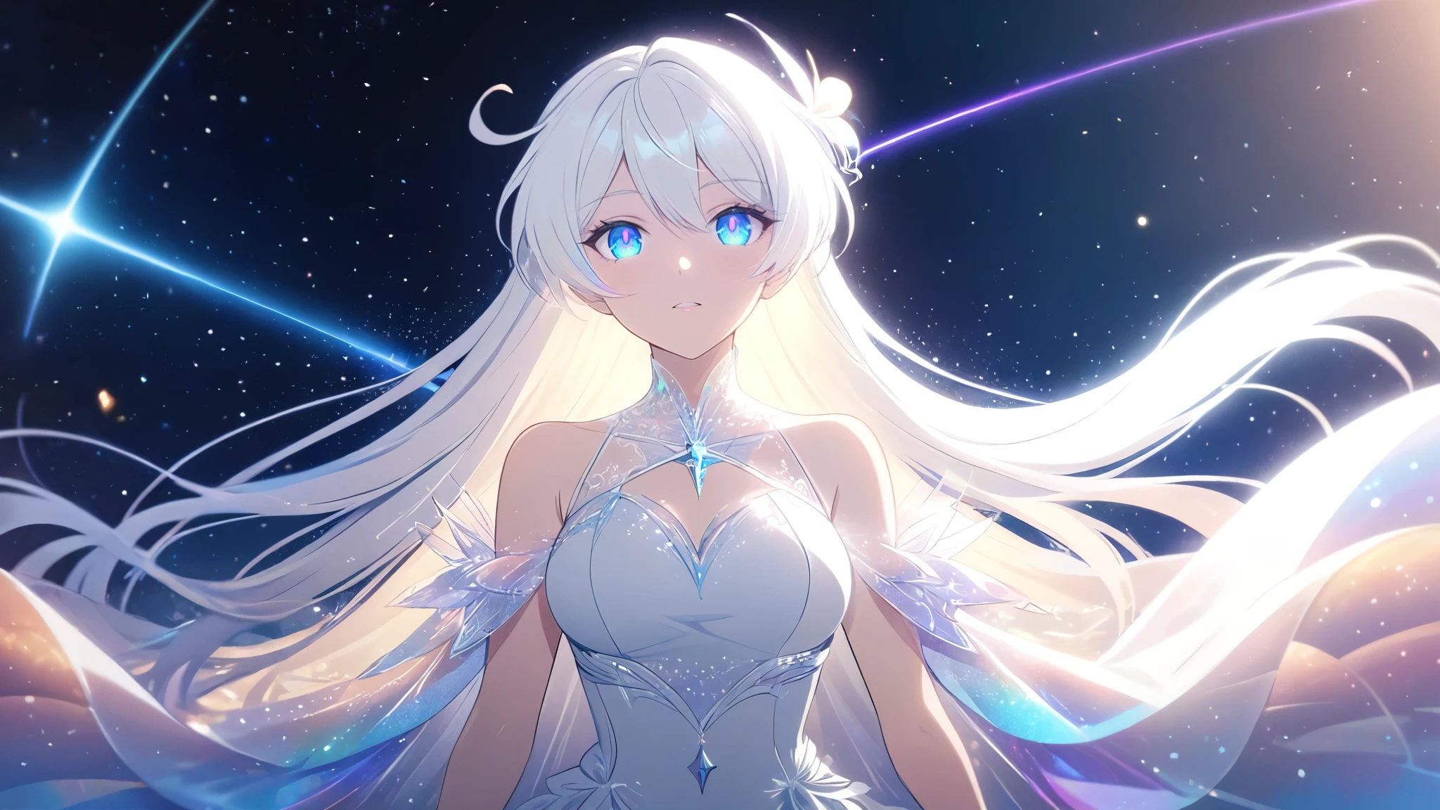 A beautiful young woman with long white hair falling gracefully like a shooting star from the night sky, wearing a flowing white dress with a symmetrical, highly detailed face, surrounded by translucent multicolored glitters in a soft, dreamy, and dramatic lighting at golden hour, elegant and intricate,vivid color,sparkling,god rays,iridescence,threads of light,holy aura,clear blue starry eyes,((kiana kaslana)),a girl like a shooting star