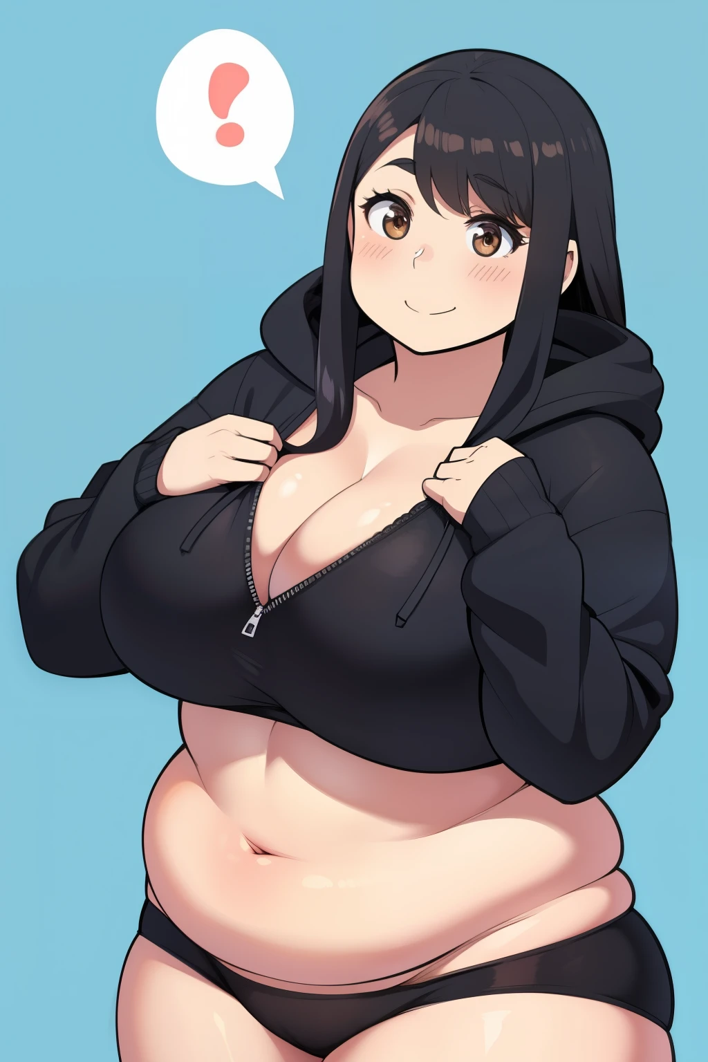 Chubby 2 big boobs black hair brown eyes happy long messy hair smile blushing deredere black hoodie underwear 