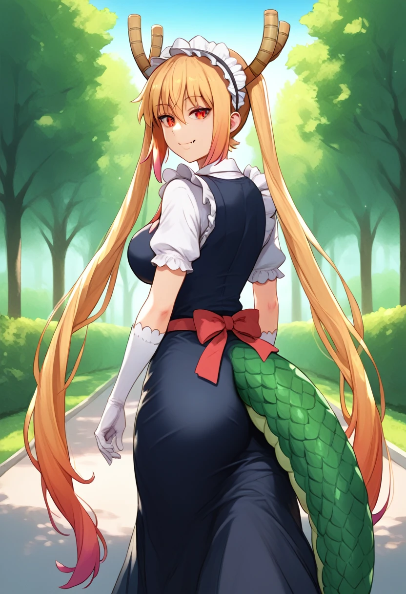 (masterpiece), (Best quality), (Very detailed), (high resolution), (8Khighres), (cel anime), (detailed beautiful face and eyes), (textile shading), (cowboy shot), (Park), tohru, long hair, bangs, blonde hair, hair between eyes, twintails, very long hair, multicolored hair, horns, fang, gradient hair, dragon horns, red eyes, slit pupils, gloves, dress, tail, short sleeves, necktie, white gloves, maid, maid headdress, dragon girl, dragon tail, scales, large tail, beautiful breasts, walking,  smile, looking back, from behind,,