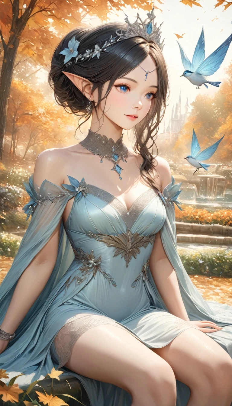 A stunning woman with flowing hair) (Incredible level of detail) (UHD) (Ultra-realistic rendering) Shot with an 8K camera, she stands tall in a (long and vibrant dress), her (dynamic pose) reflecting her inner spirit. Set (outside) in a (forest) the bokeh of the trees surround her as (flowers, birds, and butterflies) add to the beauty of the scene, and all comes together in a beautiful (portrait) (unreal) (magical, fantasy)