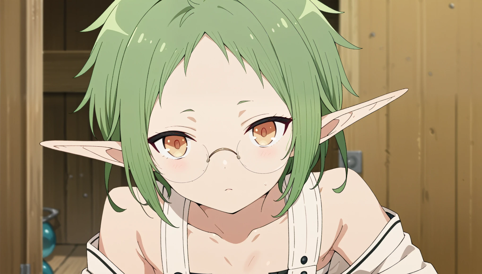 One Elven Beauty、Liu Liu Liong、25years old、White sleeveless shirt、Green high-leg swimsuit、Cool blue eyes、Light in the eyes、beautiful small tits、super high precision、hiquality、dungeon、top-quality、animesque、2D、light green short-haired、sit、short ears、White, fine-grained skin、Face of shame、