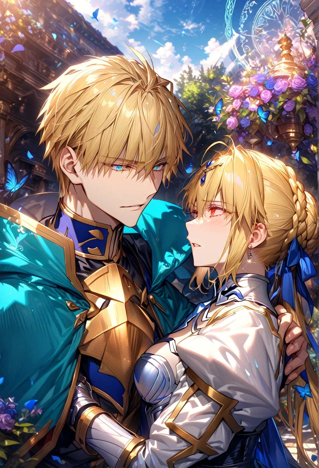 absurdres, highres, ultra detailed, HDR, master piece, best quality, extremely detailed, detailed eyes, detailed face, Gilgamesh, blonde hair, expressive red eyes, Fate Grand Order, Artoria Pendragon, Saber, blonde hair, expressive turquoise eyes, handsome man together with a beautiful woman, white clothes, black clothes, glittering blue butterflies, garden, magic circle, green leaves, blue petals, blue roses, fantasy, magical