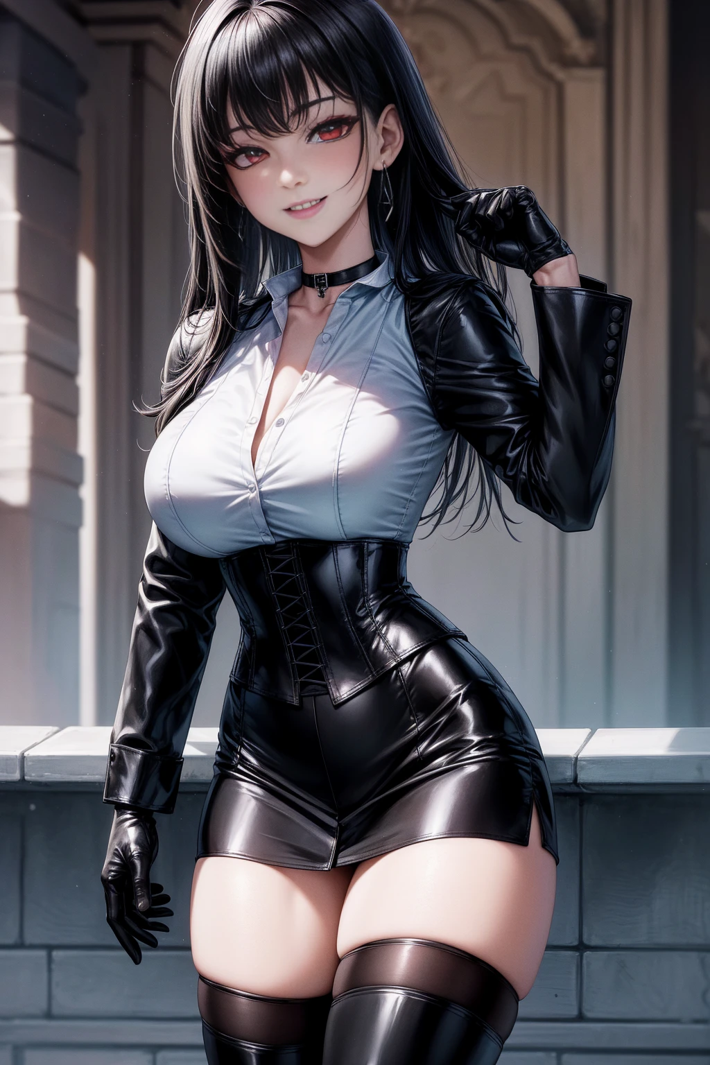 8K, highres, Ultra detailed, (Masterpiece:1.4), The best quality, symmetrical body, standing, pose sexy, front view, choker:1.6, (White collar button-down shirt with white long sleeves), Black gloves, gloves that cover the hands, (black leather corset), (short black skirt:1.4), (black boots), Alone, Earrings, long hair, black hair, red eyes, Shine effect, hello fine, draw smile, detailed face, looking at the viewer smiling at the viewer, in the park, angled view, big breasts, seductive look