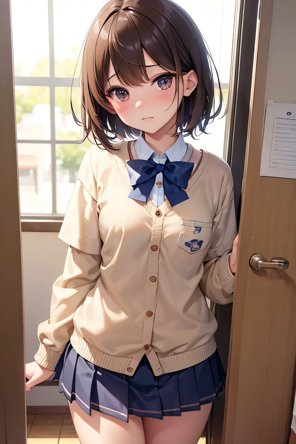 Brown short hair、Small breasts、***************************、Inside the room、Blushing、Keep your eyes on the ground、Very small breasts、A Cup、flustered、Student Uniform