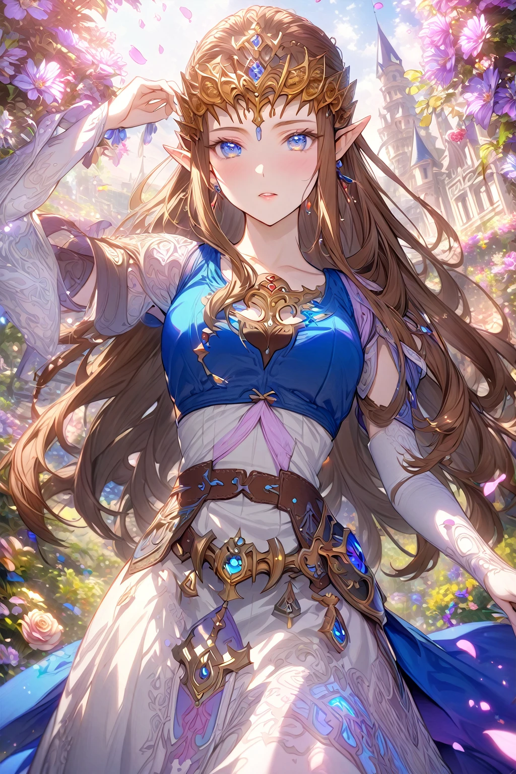 absurdres, highres, ultra detailed, HDR, master piece, Zelda, brown hair, expressive blue eyes, white and purple dress, woman, best quality, The Legend Of Zelda (Twilight Princess), fantasy, magical, sensual, glittering, accessories, extremely beautiful, detailed face, detailed eyes, garden, flowers, petals, shining, castle