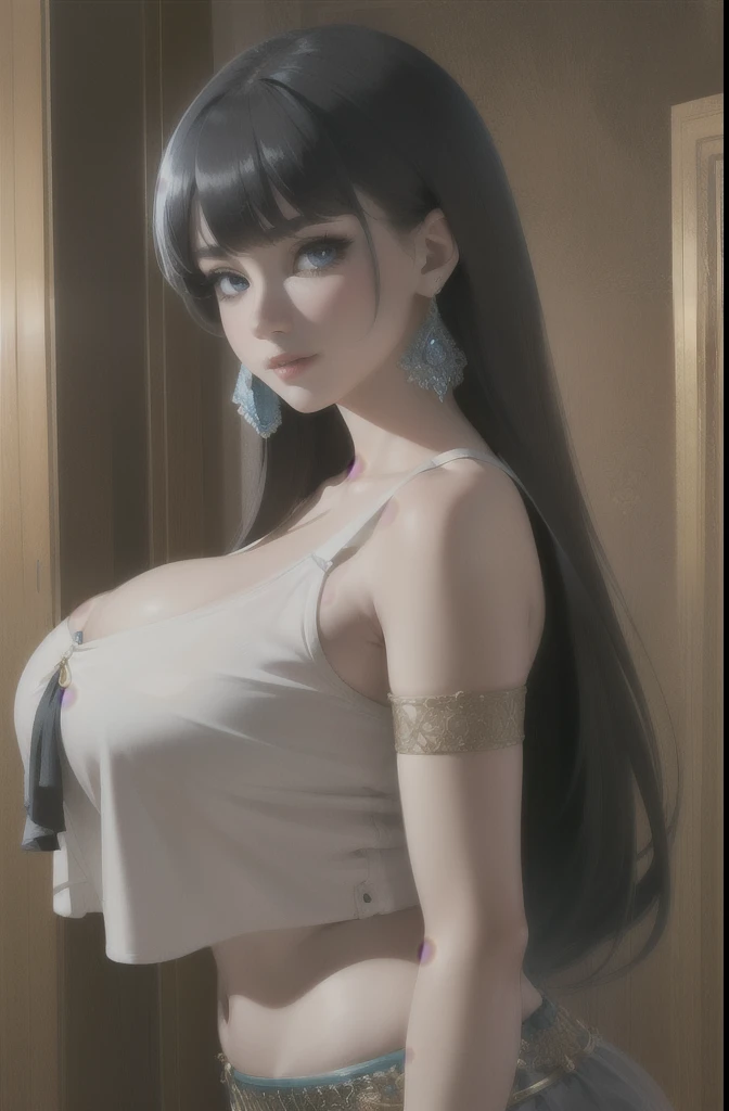 ultra realistic 8k cg, masterpiece, ((ultra detailed background, delicate pattern, intricate detail, highly detailed, fine details best quality, hyperdetailed face)), gigantic breasts ,cleavage, beautiful lighting, absurdres, BoaHancockV2, 1girl, solo, black hair, long hair, jewelry, smiling mouth, ), (arabian dancer outfit,crop top, earrings, blue eyes, complex detailed background, inside, luxury palace), ((cowboy shot)), curvy, clear, very detailed, smooth, sharp focus, focused on the viewer