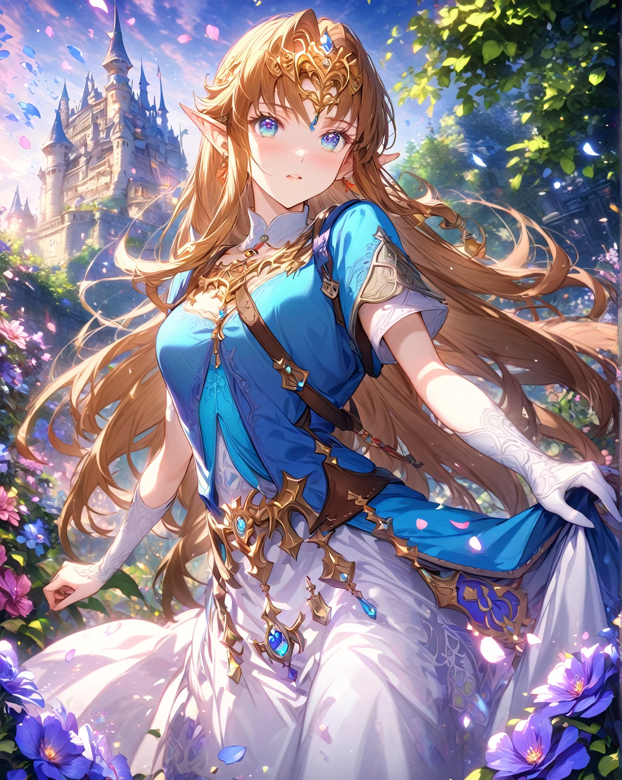 absurdres, highres, ultra detailed, HDR, master piece, Zelda, brown hair, expressive blue eyes, white and purple dress, woman, best quality, The Legend Of Zelda (Twilight Princess), fantasy, magical, sensual, glittering, accessories, extremely beautiful, detailed face, detailed eyes, garden, flowers, petals, shining, castle