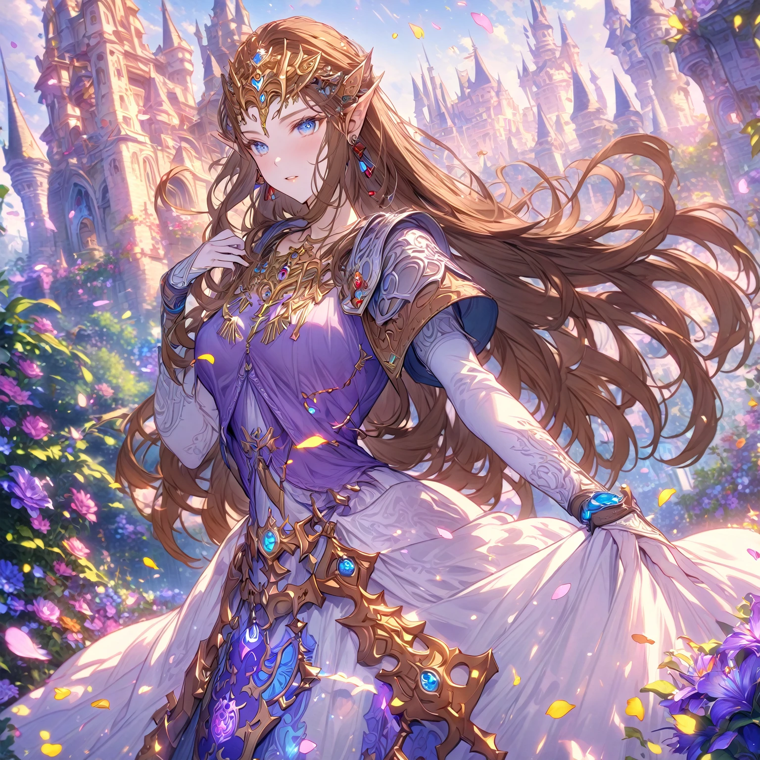 absurdres, highres, ultra detailed, HDR, master piece, Zelda, brown hair, expressive blue eyes, white and purple dress, woman, best quality, The Legend Of Zelda (Twilight Princess), fantasy, magical, sensual, glittering, accessories, extremely beautiful, detailed face, detailed eyes, garden, flowers, petals, shining, castle