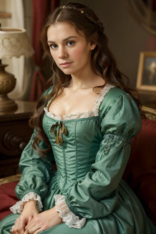 England, 1558, , beautiful, intelligent, expressive eyes, gracefull demeanor, at home, crossed arms, (angry expression), clothes from the 1550s, brunette hairstyle of the 1550s, lustrous and flowing, colorful dress