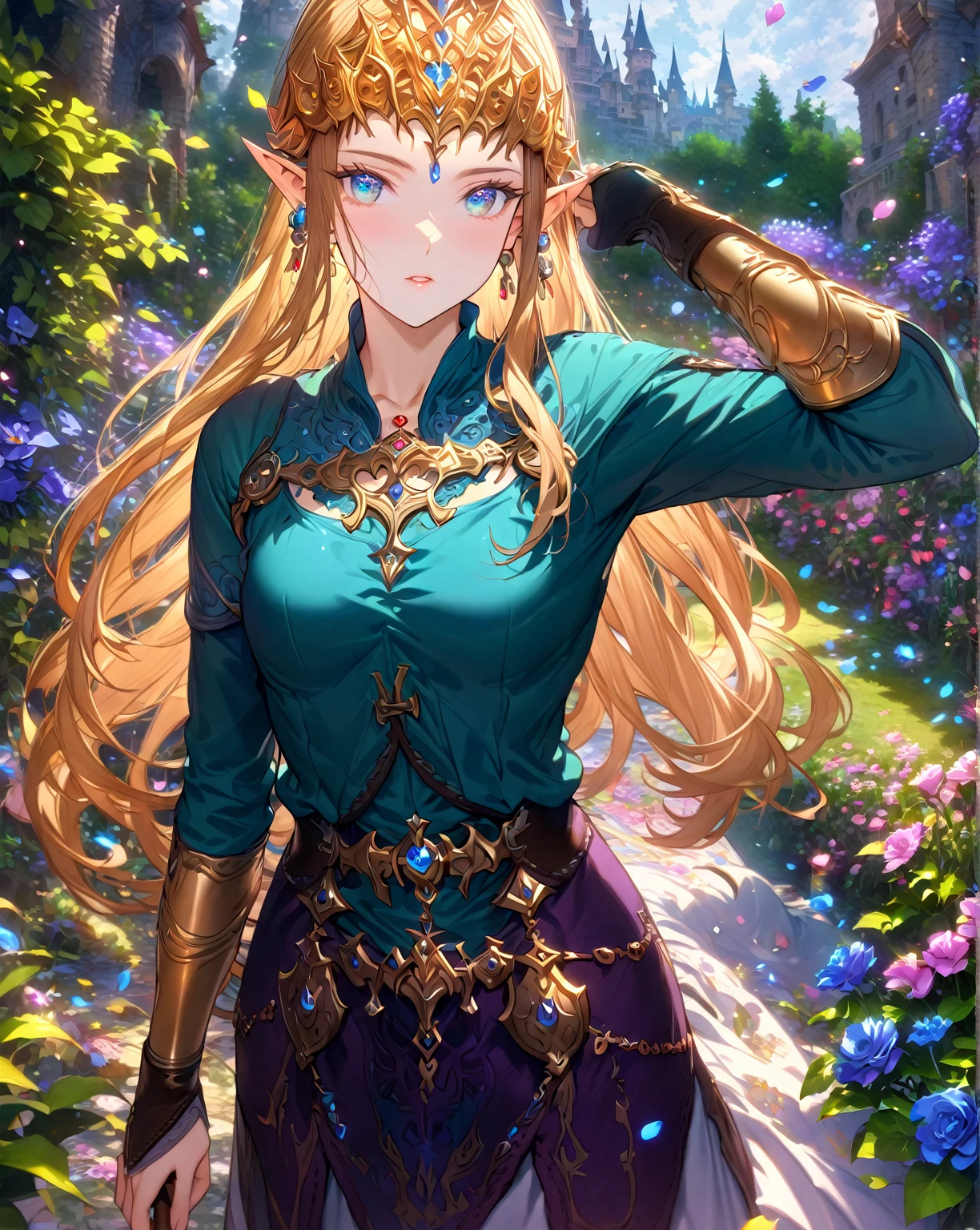 absurdres, highres, ultra detailed, HDR, master piece, Zelda, brown hair, expressive blue eyes, white and purple dress, woman, best quality, The Legend Of Zelda (Twilight Princess), fantasy, magical, sensual, glittering, accessories, extremely beautiful, detailed face, detailed eyes, garden, flowers, petals, shining, castle