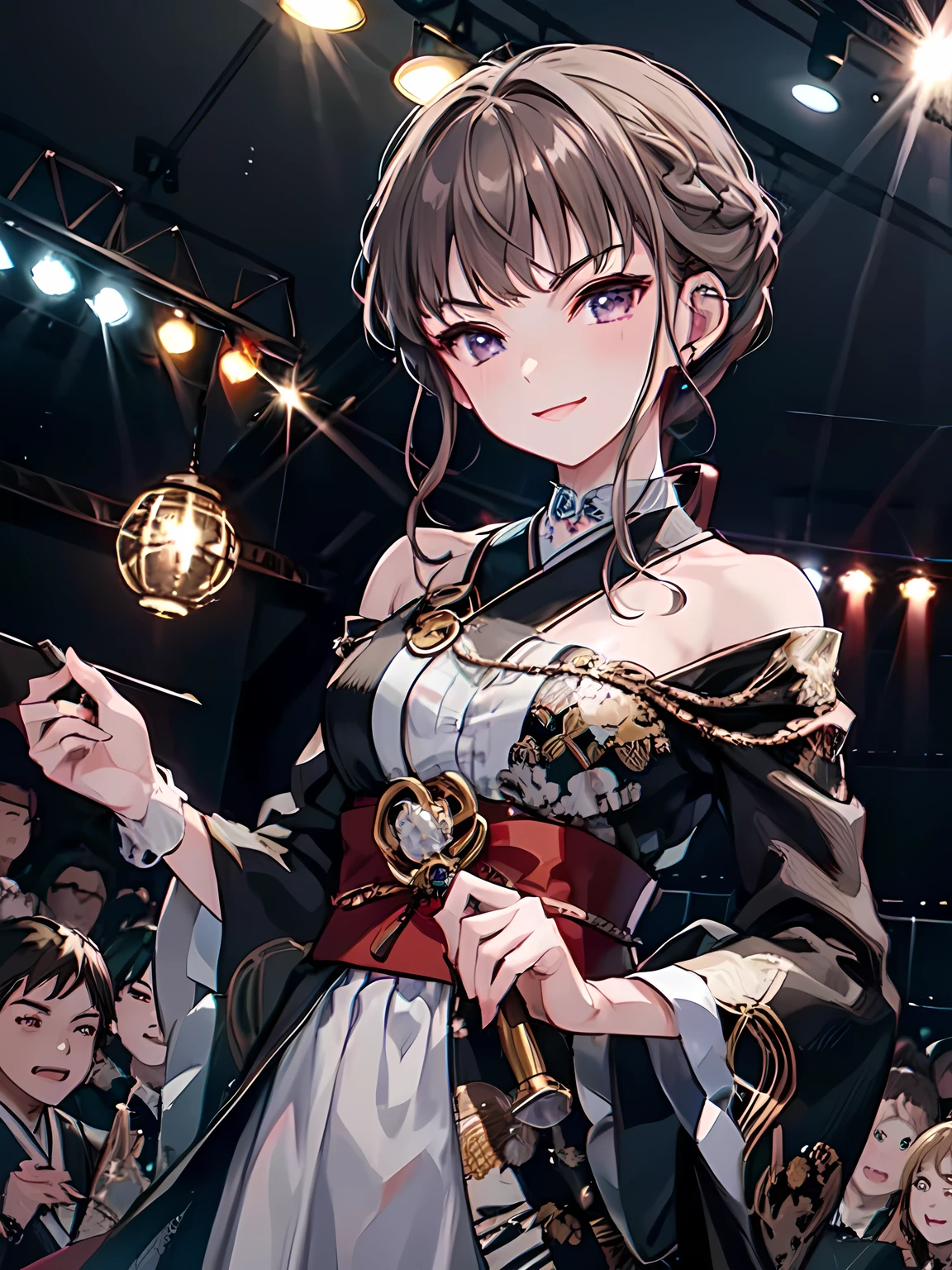 ((Thank You)), short hair, braided hair, brown hair, violet eyes,  1 female, Alone, Japanese idol costumes, アイドルdress, dress, Shoulder Bare, concert、Concert Lighting