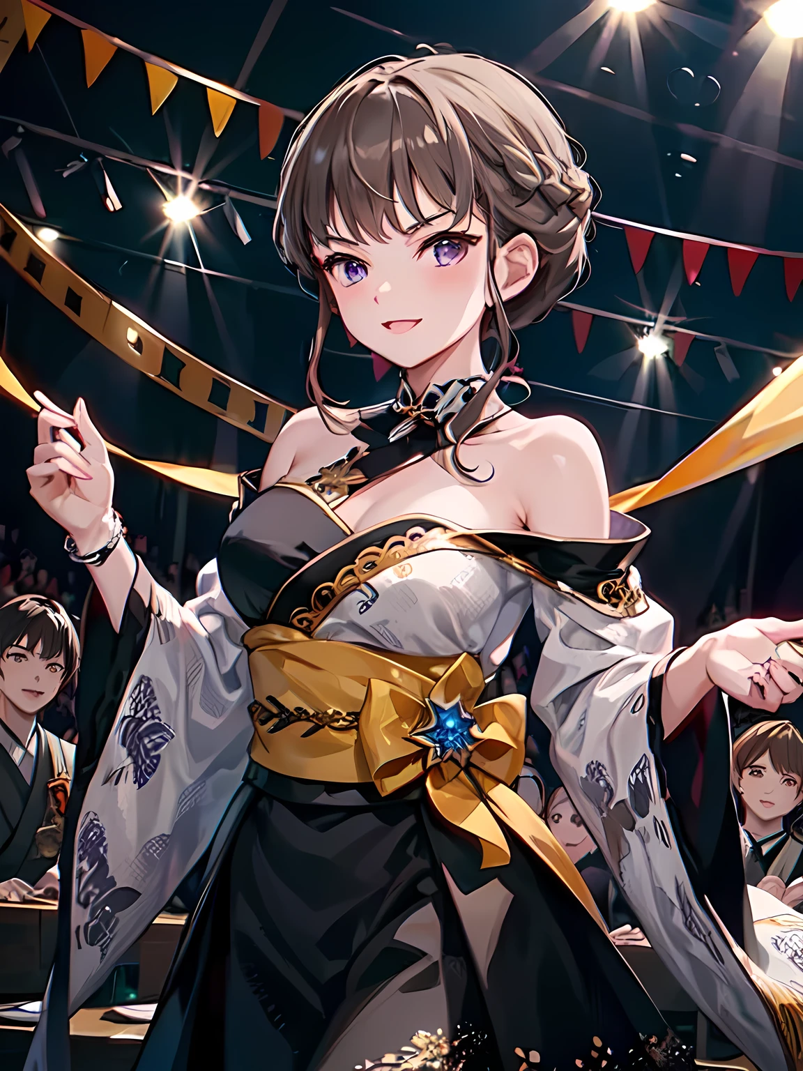 ((Thank You)), short hair, braided hair, brown hair, violet eyes,  1 female, Alone, Japanese idol costumes, アイドルdress, dress, Shoulder Bare, concert、Concert Lighting