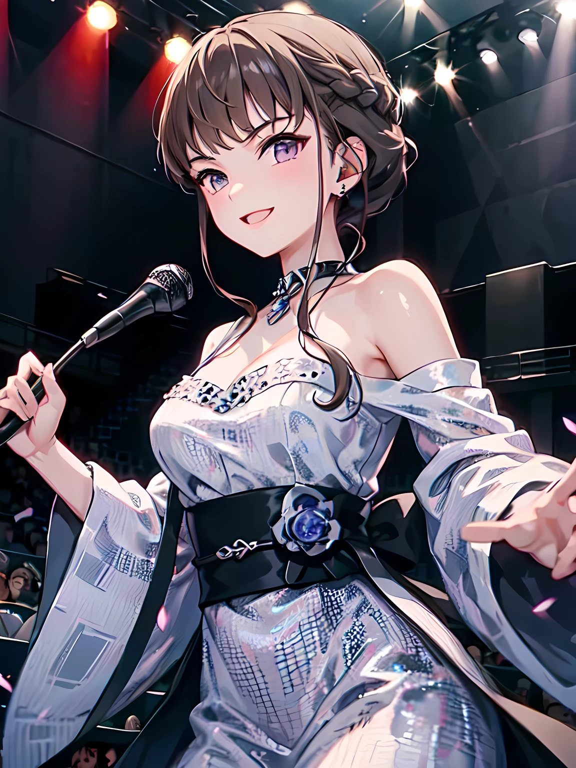 ((Thank You)), short hair, braided hair, brown hair, violet eyes,  1 female, Alone, Japanese idol costumes, アイドルdress, dress, Shoulder Bare, concert、Concert Lighting