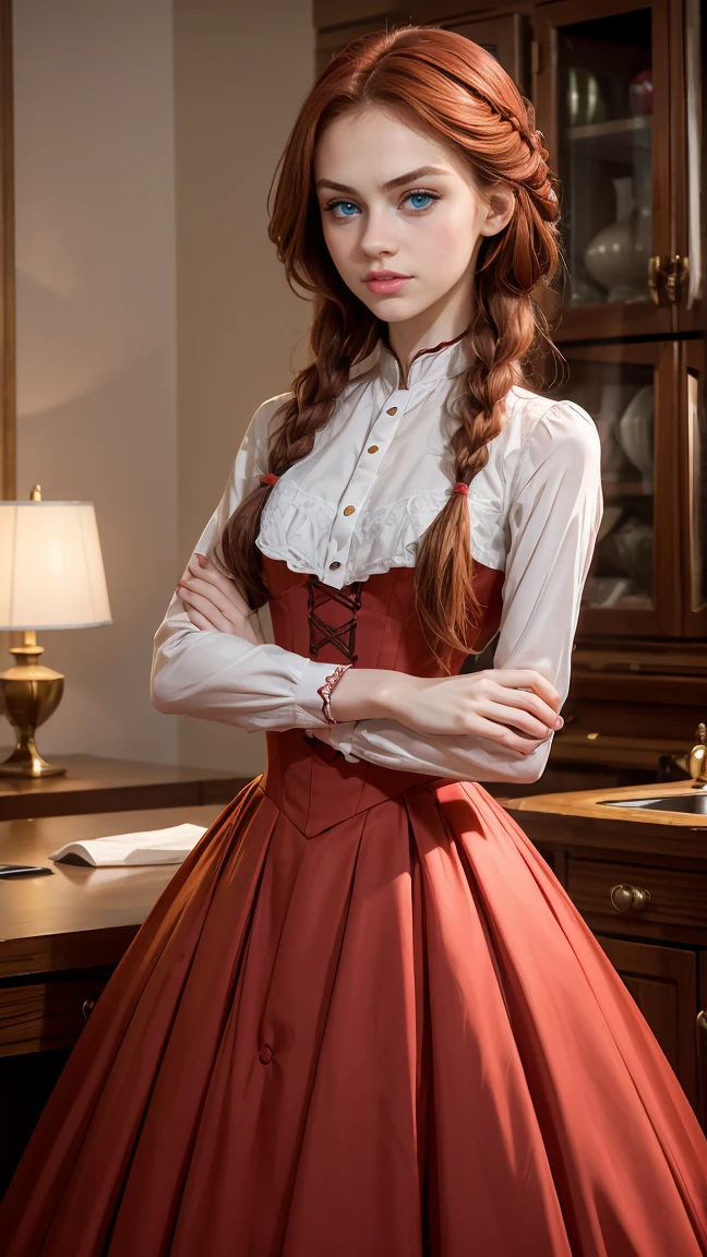 (1 petite girl), 3/4 body, looking at camera, cute face, red lips, dark auburn hair, thick eyebrows, perfect pale skin, (closed smile), thin, skinny, slender, anorexic, french braids, big lower lip, very petite, at home, crossed arms, (angry expression), lustrous and flowing, colorful dress