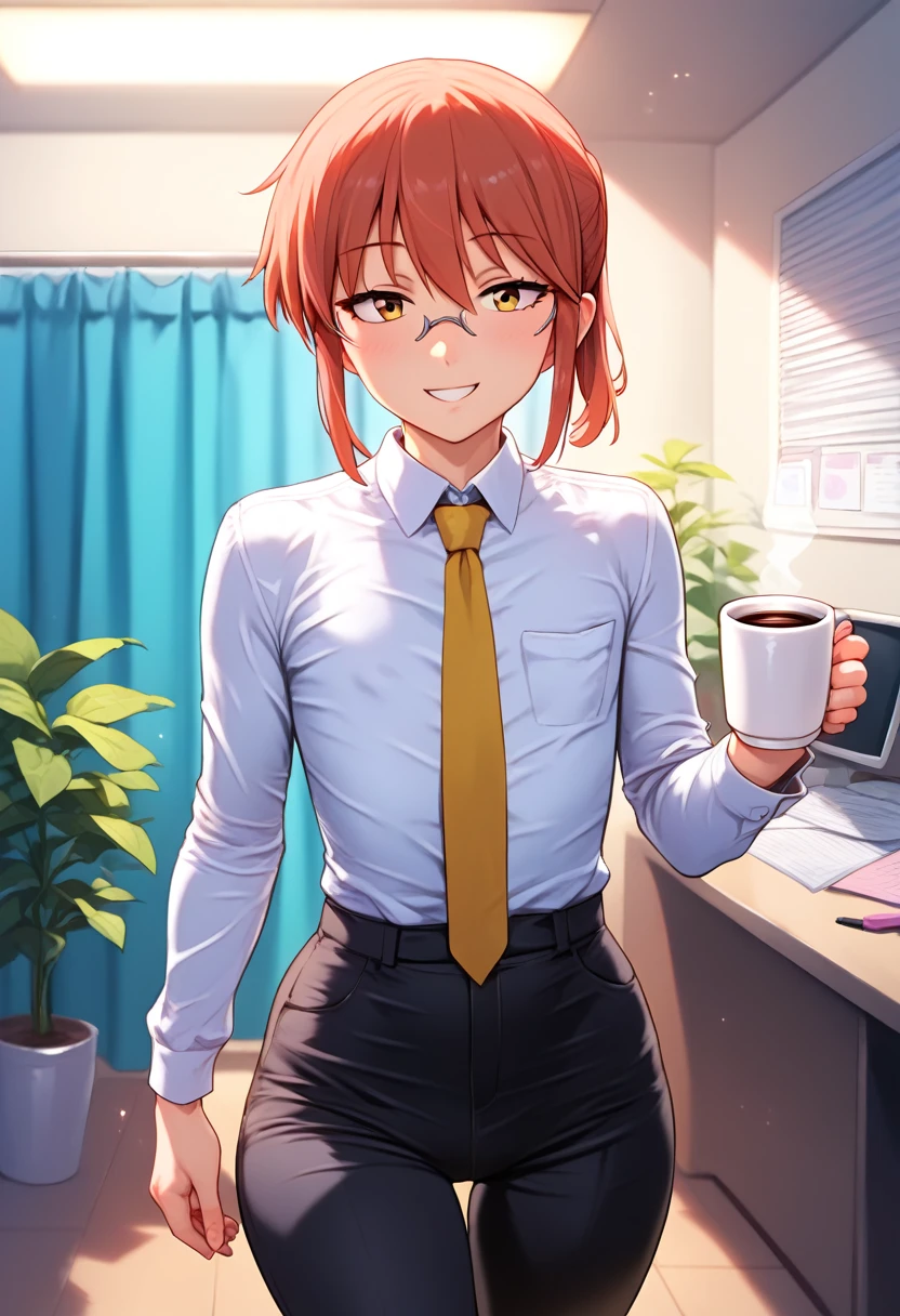 (masterpiece), (Best quality), (Very detailed), (high resolution), (8Khighres), (cel anime), (detailed beautiful face and eyes), (textile shading), (cowboy shot), (Office), ctiankobayashi, flat chest, dress shirt, black pants, yellow necktie, beautiful breasts, walking, smile, Drinking coffee from a mug,,