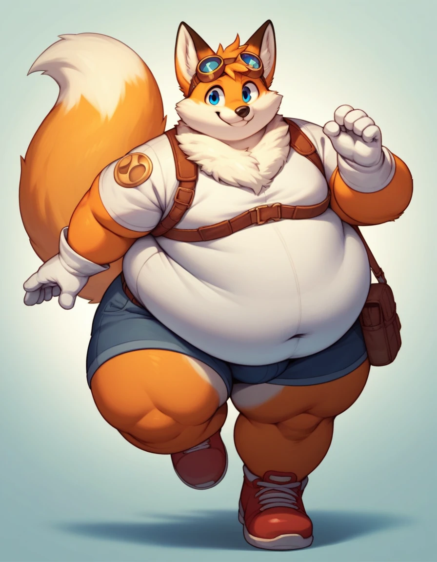 obese tails_boom, solo, obese body, smile, blue eyes, gloves, 1boy, animal ears, male focus, white gloves, fox ears, two tails, goggles, big checks, thick thighs, cute, furry, goggles on ,furry male, animal nose, obese fox femboy, night florest, red shoes