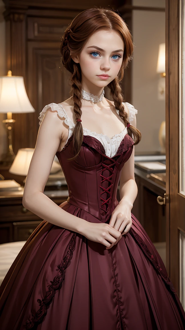 (1 petite girl), 3/4 body, looking at camera, cute face, red lips, dark auburn hair, thick eyebrows, perfect pale skin, (closed smile), thin, skinny, slender, anorexic, french braids, big lower lip, very petite, at home, arms behind, (angry expression), lustrous and flowing, colorful high class dress, victorian dress
