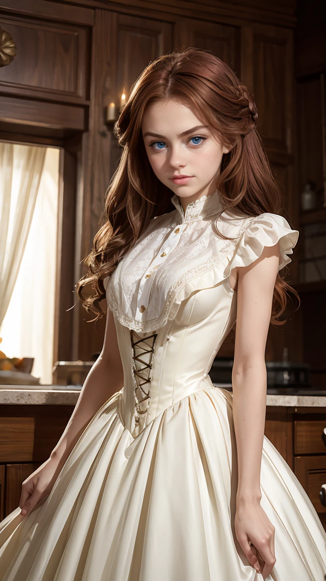 (1 petite girl), 3/4 body, looking at camera, cute face, red lips, dark auburn hair, thick eyebrows, perfect pale skin, (closed smile), thin, skinny, slender, anorexic, french braids, big lower lip, very petite, at home, arms behind, (angry expression), lustrous and flowing, colorful high class dress, victorian dress
