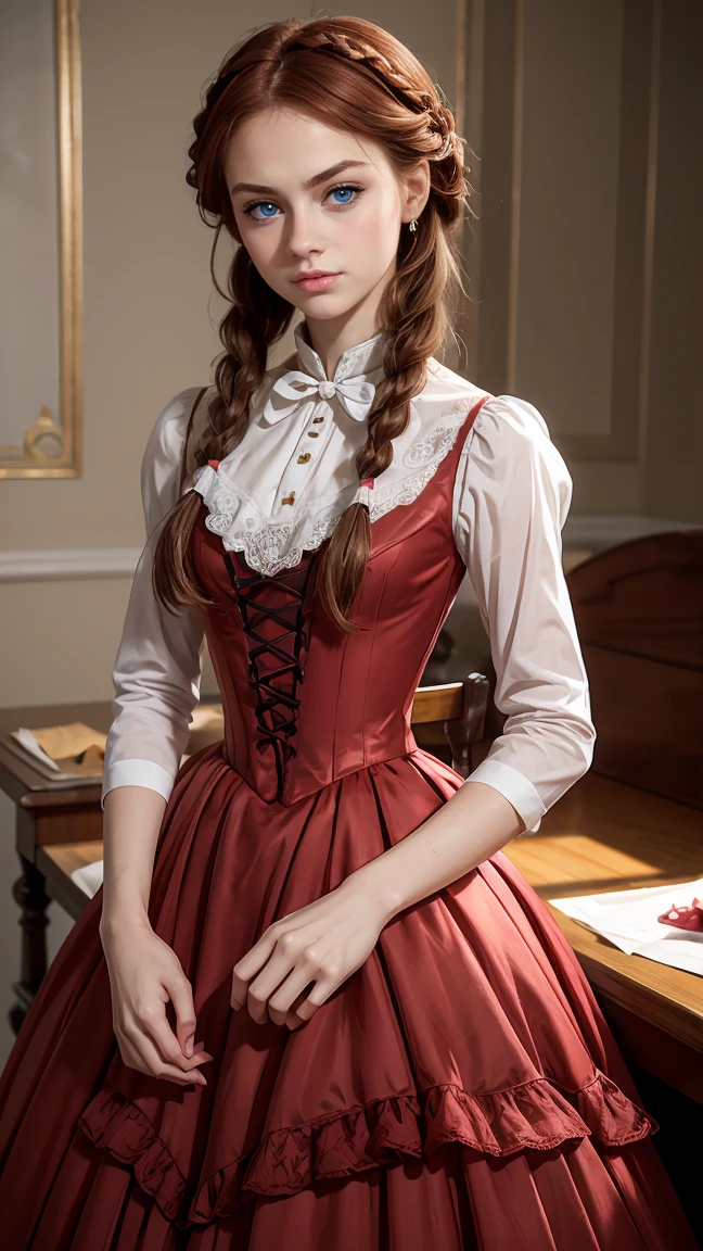 (1 petite girl), 3/4 body, looking at camera, cute face, red lips, dark auburn hair, thick eyebrows, perfect pale skin, (closed smile), thin, skinny, slender, anorexic, french braids, big lower lip, very petite, at home, arms behind, (angry expression), lustrous and flowing, colorful high class dress, victorian dress
