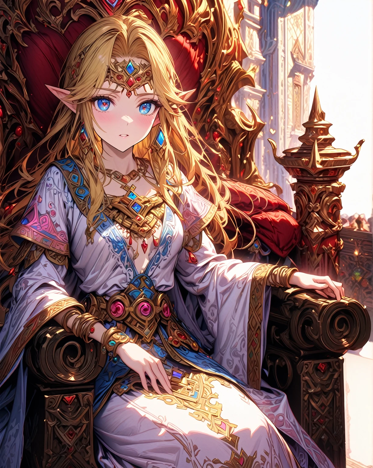 absurdres, highres, ultra detailed, HDR, master piece, Zelda, blonde hair, expressive blue eyes, white and pink dress, woman, best quality, The Legend Of Zelda (Link between worlds), fantasy, magical, sensual, glittering, accessories, extremely beautiful, detailed face, detailed eyes, throne room, red throne, shining, castle, window