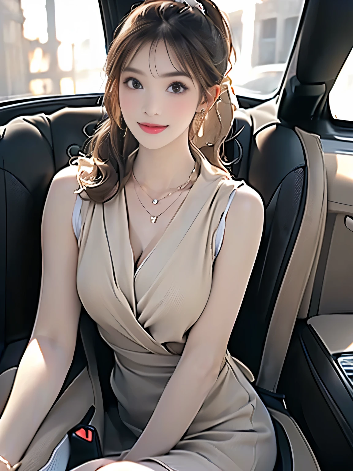 ((Best Quality, 8k, Masterpiece: 1.3)), Focus: 1.2, Perfect Body Beauty: 1.4, Buttocks: 1.2, ((Delicate Long Hair)), (Sparkling Dress: 1.1) , (Sports car, street: 1.2), Highly detailed face and skin texture, Fine eyes, Double eyelids, Whitened skin, Smile, Wearing necklace, ring, person sitting inside a car.