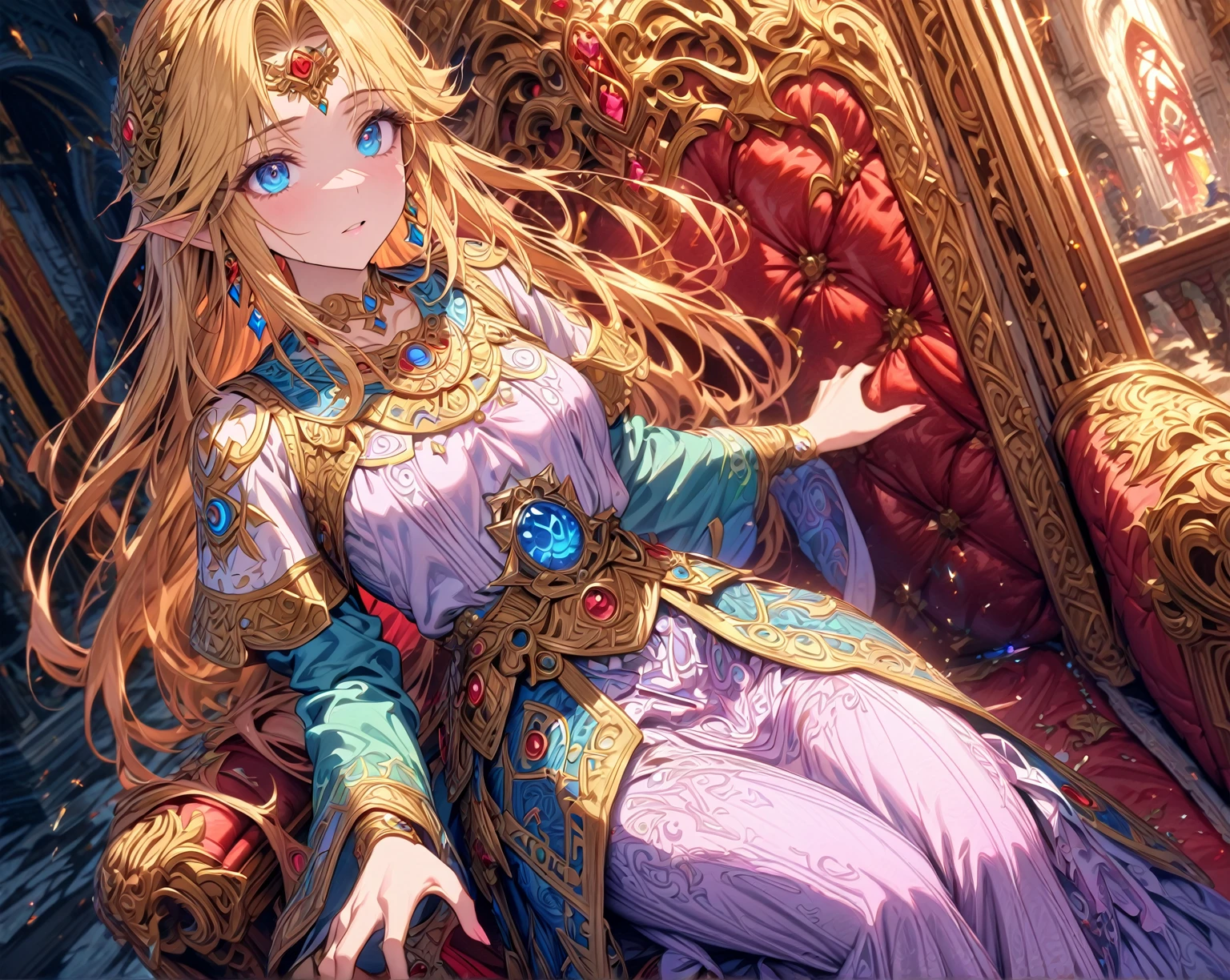 absurdres, highres, ultra detailed, HDR, master piece, Zelda, blonde hair, expressive blue eyes, white and pink dress, woman, best quality, The Legend Of Zelda (Link between worlds), fantasy, magical, sensual, glittering, accessories, extremely beautiful, detailed face, detailed eyes, throne room, red throne, shining, castle, window