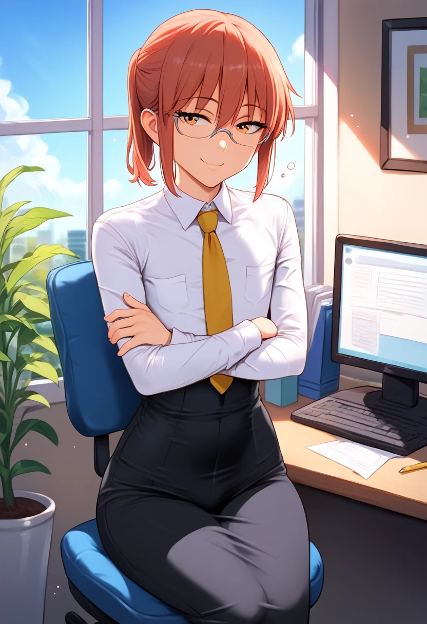 (masterpiece), (Best quality), (Very detailed), (high resolution), (8Khighres), (cel anime), (detailed beautiful face and eyes), (textile shading), (cowboy shot), (Office), ctiankobayashi, flat chest, dress shirt, black pants, yellow necktie, beautiful breasts, smile, crossed arms, Sleepy, Sitting in a chair,,