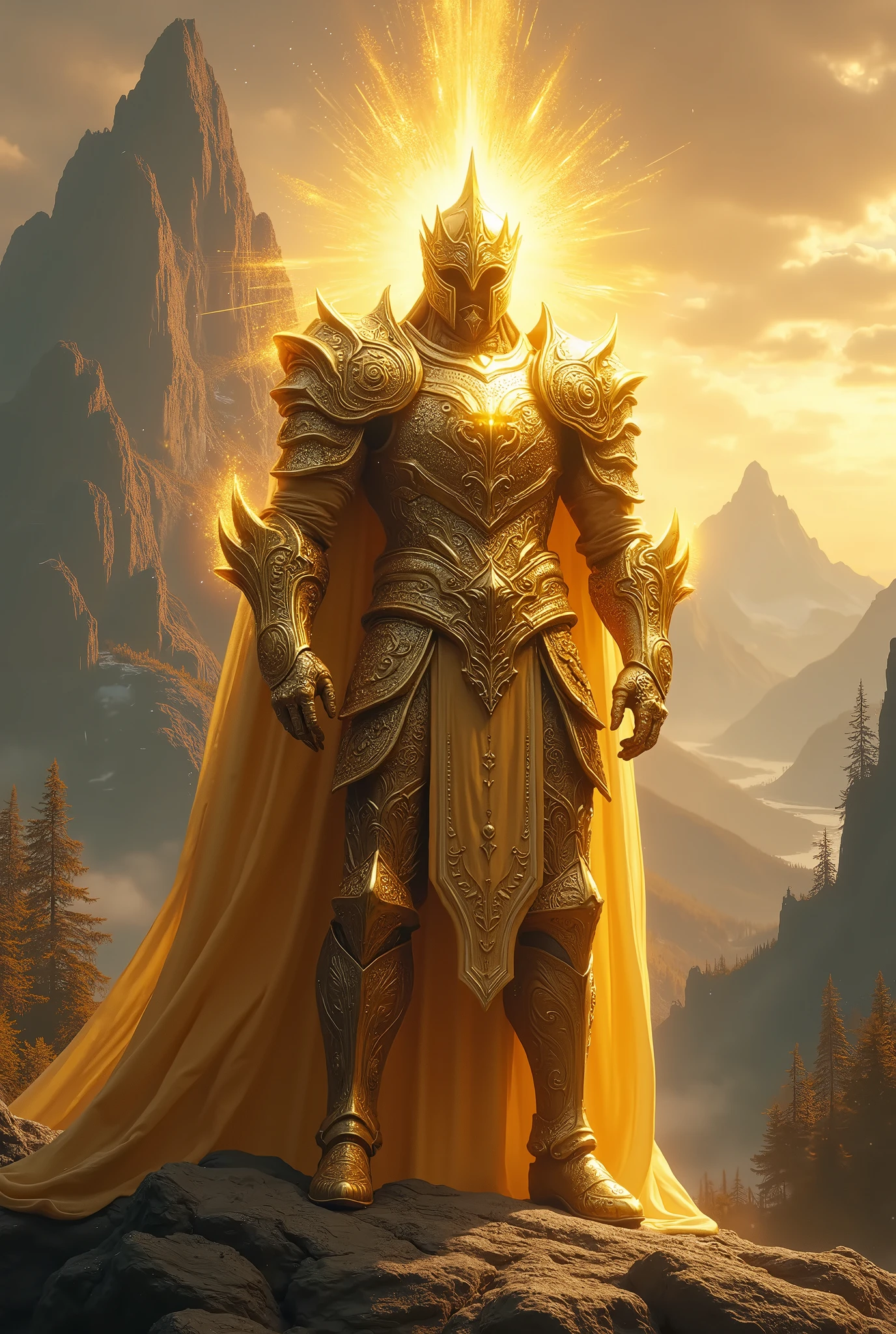 a paladin in shining golden armor, intricate and ornate details, elegant and heroic pose, glowing holy aura, majestic landscape background, dramatic lighting, hyper realistic, cinematic, award winning digital art