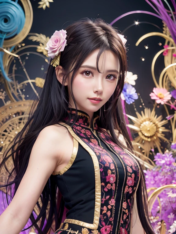 yor briar, anime style beutiful woman, 1girl, happy, smile, red face, closed mouth, beautiful detailed eyes, super detailed skin, backlighting, bare shoulders, black background, black dress, black gloves, black hair, breasts, dress, earrings, fingerless gloves, floating hair, floral print, flower, gloves, gold earrings, gold hairband, hair flower, hair ornament, hairband, holding, holding weapon, jewelry, large breasts, long hair, looking at viewer, off-shoulder dress, off shoulder,red eyes, short hair with long locks, sidelocks, solo, spikes, thighs, two-sided dress, two-sided fabric, weapon, fighting stance , face, close up, from above, highest quality, high resolution.