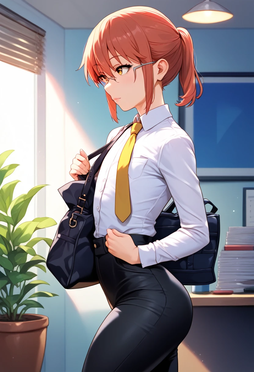 (masterpiece), (Best quality), (Very detailed), (high resolution), (8Khighres), (cel anime), (detailed beautiful face and eyes), (textile shading), (cowboy shot), (Office), ctiankobayashi, flat chest, dress shirt, black pants, yellow necktie, beautiful breasts, walking, business bag, from side, Holding a jacket in her hand,,