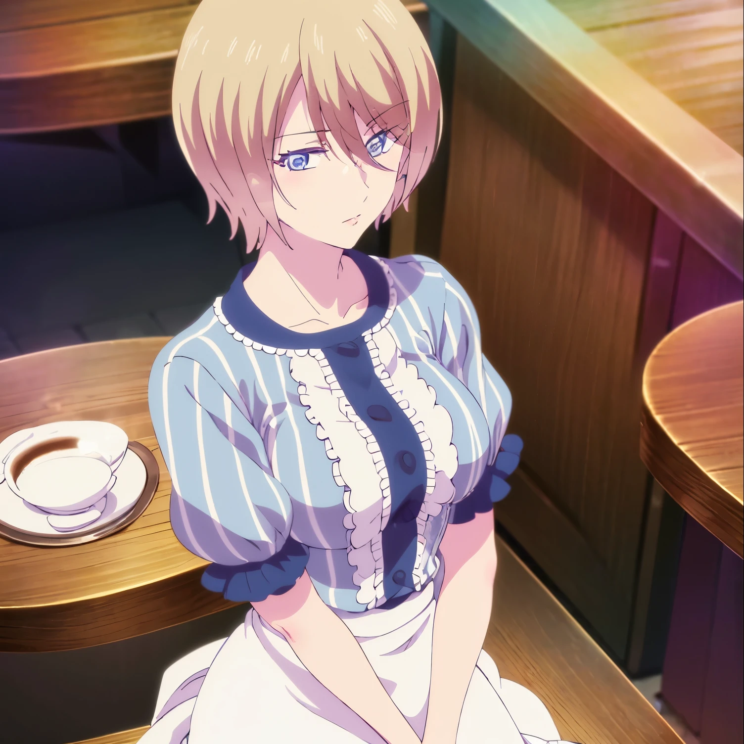 ((1girl)),((alone)), Akane hououji, \(Megami no café terrace\),(masterpiece), (best quality), (ultra detailed), (best illustration), (best shadow), ( absurd ), sharp focus, cowboy shot, atmospheric perspective, depth of field, dynamic posture, ((looking at viewer)), large breasts, narrow waist, wide hips, medium thighs, round butt, erotic, romantic, (highly detailed eyes, lips 1.1), highly detailed eyes, eyes, Highly detailed face, Very pretty face, Symmetrical face, Aesthetic face, perfect face, perfect eyes, detailed eyelashes: 1.5), full height, beautiful slim figure, femininity, expressive appearance, elastic big breasts, sexuality, parted lips, short hair, dull blonde hair, blue eyes, maid's headdress, neckband, ruffles, striped dress, dress white with vertical stripes, blue dress, short sleeves, white apron, black pantyhose, curves, defined body, perfect and beautiful body, perfect and beautiful, burning gaze, closed mouth, ((excited expression)), blushing, (sexy pose: 1.2), standing :1.3,((only)),((, inside, cafeteria, bar, tables, chairs, cups, coffee maker)), Looking forward,((focus on breasts:1.4)), period View: (from above), perfect anatomy, perfect hands