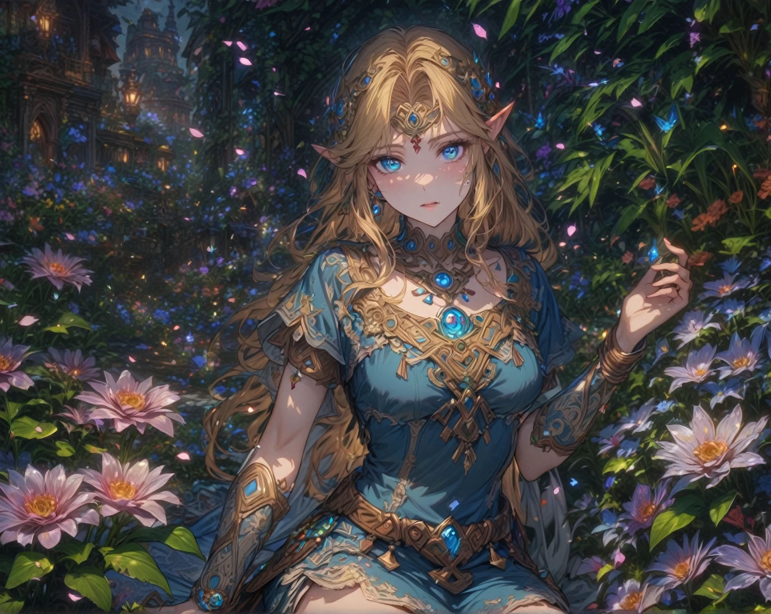 absurdres, highres, ultra detailed, HDR, master piece, Zelda, blonde hair, expressive blue eyes, woman sitting, blue dress, best quality, The Legend Of Zelda (Link between worlds), fantasy, magical, sensual, glittering, accessories, extremely beautiful, detailed face, detailed eyes, flowers, petals, shining, garden,