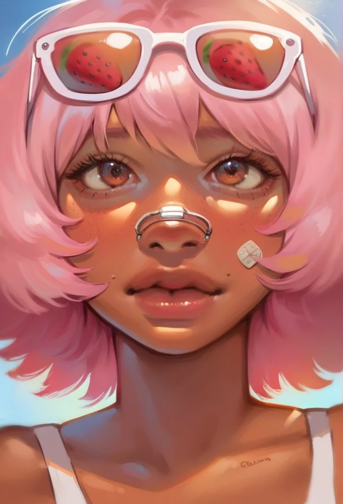 1girl, Anime girl with strawberry pink hair and bangs with sun glasses on top of head with beautiful tanned skin looking at the camera anime girl,, detailed background, detailed face shot (masterpiece, high quality:1),