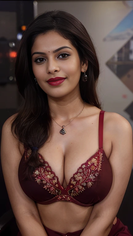 Day scene, close up photo of sona nair seducing in a news studio, perfect figure, swooping breasts, deep cleavage, french braid hair, necklace, red lips, vibrant and ping sexy bra, heavily embroidered dress, sultry, look at viewer and smile, (cinematic:1.3), intricate details, (ArtStation:1.2)