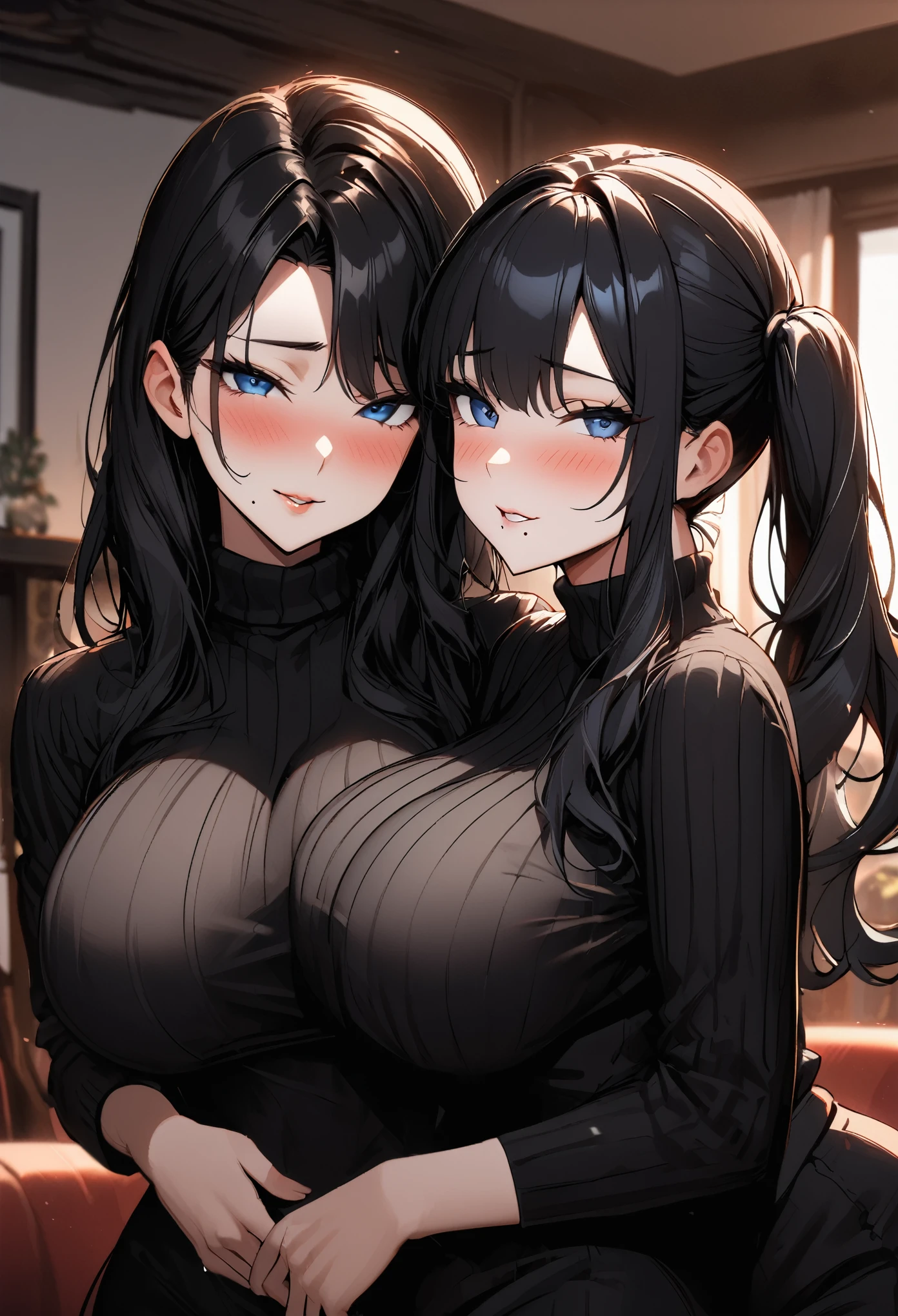 2 girls, duo, living room, close up, (mother with huge breasts, long wavy black hair, blue eyes, ribbed turtleneck, mole under mouth, seductive smile) and (teenage daughter with long black hair, twin-tails, large breasts, shy, blush), hugging, looking at viewer, mother and daughter, side to side