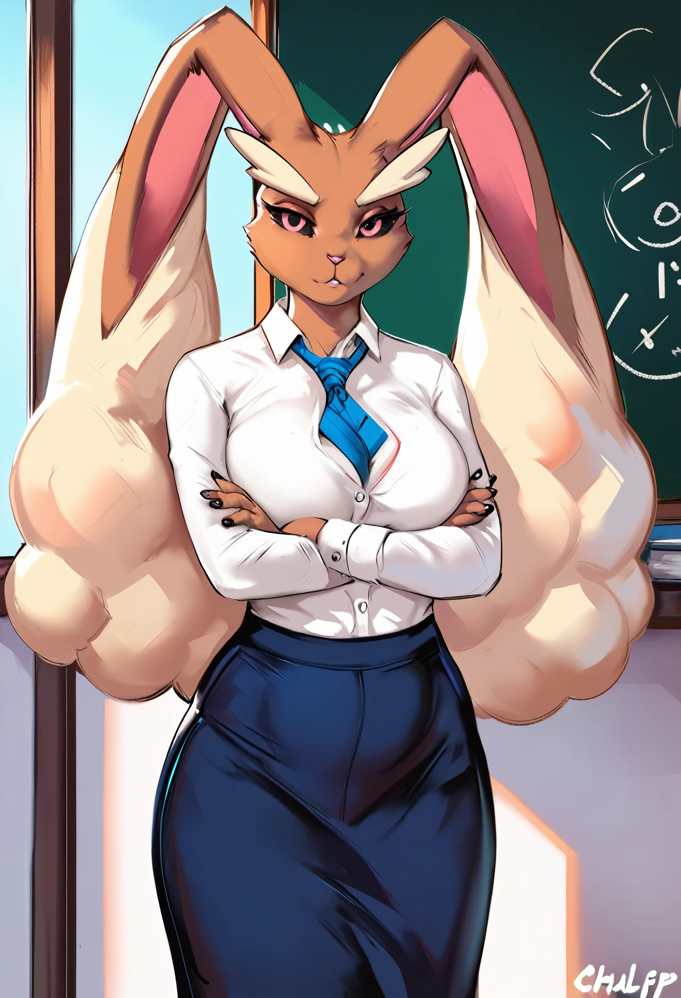Solo, female, laying on her back, laying down on a desk, school, chalkboard, librarian glasses, hair bun, necklace, dress shirt, corduroy pants, Lopunny, big breasts, cleavage, (((by darkgem, by mystikfox61, by bebebebebe, by sindoll, by cervina7))), mature female, old, milf, muffintop, breast out, nipples, pussy, horny, view from top, NSFW