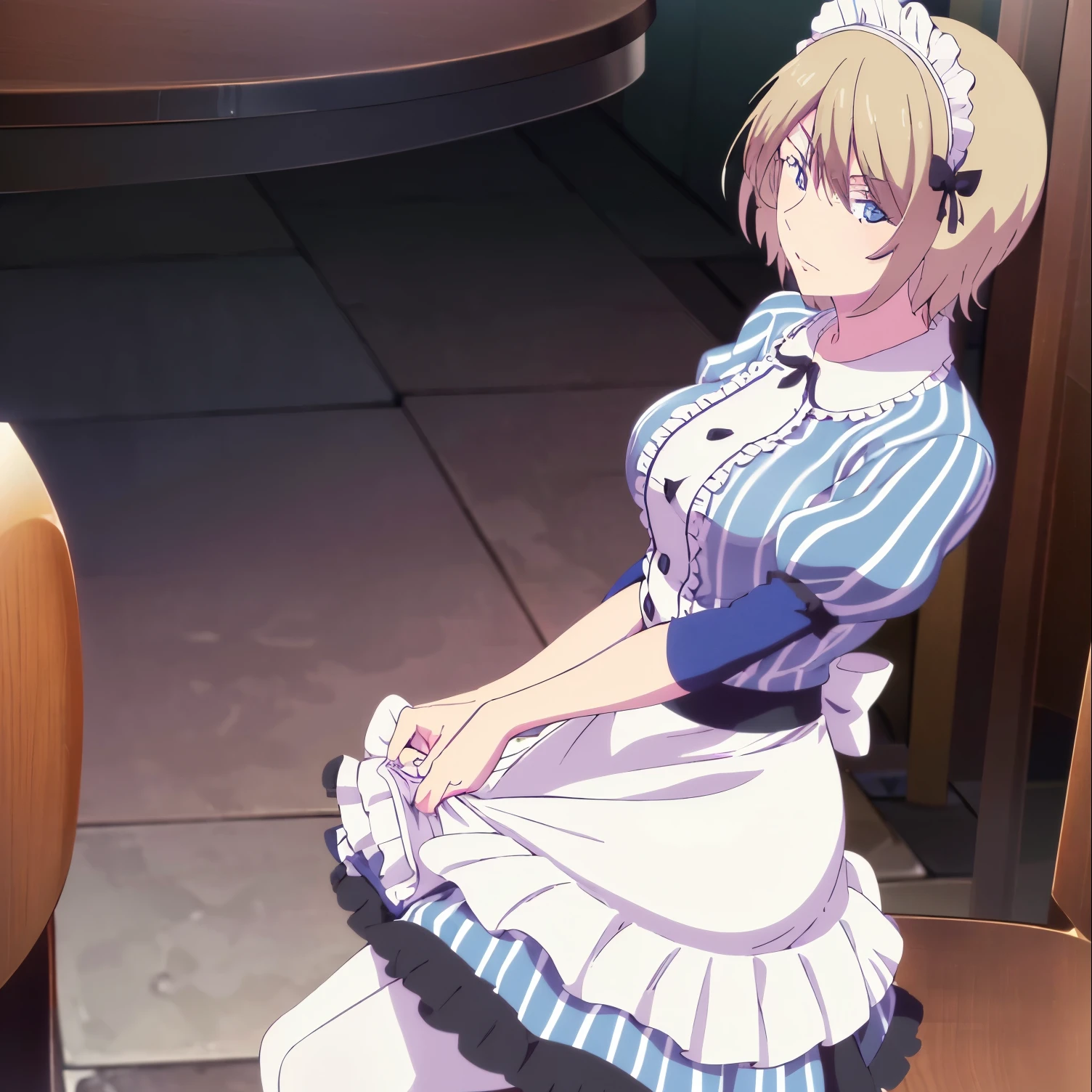 ((1girl)),((alone)), Akane hououji, \(Megami no café terrace\),(masterpiece), (best quality), (ultra detailed), (best illustration), (best shadow), ( absurd ), sharp focus, cowboy shot, atmospheric perspective, depth of field, dynamic posture, ((looking at viewer)), large breasts, narrow waist, wide hips, medium thighs, round butt, erotic, romantic, (highly detailed eyes, lips 1.1), highly detailed eyes, eyes, Highly detailed face, Very pretty face, Symmetrical face, Aesthetic face, perfect face, perfect eyes, detailed eyelashes: 1.5), full height, beautiful slim figure, femininity, expressive appearance, elastic large breasts, sexuality, parted lips, short hair, dull blonde hair, blue eyes,((maid's headdress:1.4)), neckband, ruffles, striped dress, ((white vertical striped dress:1.3)),(( blue dress:1.2)), short sleeve, ((white apron)), ((black pantyhose:1.3)) curves, defined body, perfect and beautiful body, perfect and beautiful, burning gaze, closed mouth, ((excited expression)), blushing, (sexy pose: 1.2), standing :1.3,((solo)),((, inside, cafeteria, bar, tables, chairs, cups, coffee maker)), Looking forward,((focus on breasts:1.4)), point of view:(from above), perfect anatomy, perfect hands