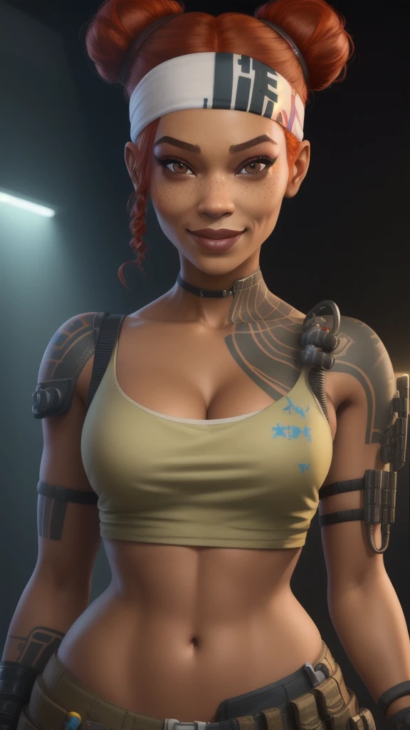 Lifeline, red hair,  brown eyes,  double bun, 
 looking at viewer,  smile, 
headband, left shoulder tattoo,  shirt, collarbone,  covered nipples,  
navel, 
standing,  upper body,  cleavage,  
cyberpunk,  open hospital, 
(insanely detailed, beautiful detailed face,beautiful detailed eyes, masterpiece, best quality),
 