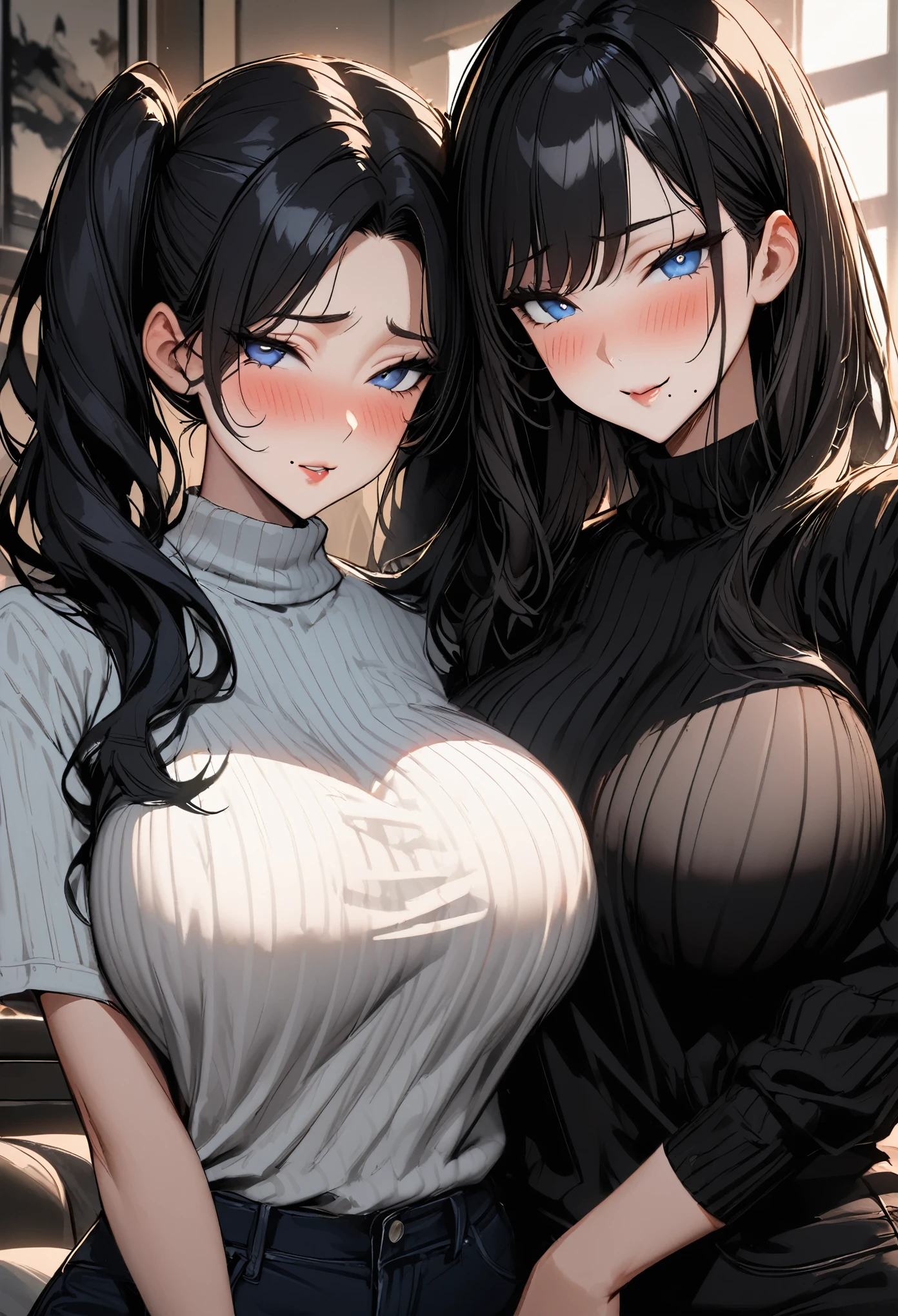 Two adult women、cheek-to-cheek、35-year-old woman、24-year-old female、Huge breasts:1.5、sagging breast:1.5、Black Hair、Wavy long hair、Bobcut、living、milf、off-shoulder sweater