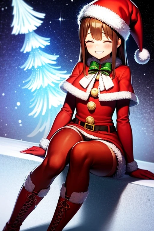 (superflat, flat shading, flat colorasterpiece, best quality, (magazine cover), cristmas, 1girl, 10yo child, petite, Santa hat, christmas coat, red panties, red wool stockings, no skirt, long hair, smile, smile, christmas tree in background, room, warm, vibrant colors, watercolor, ghibli style