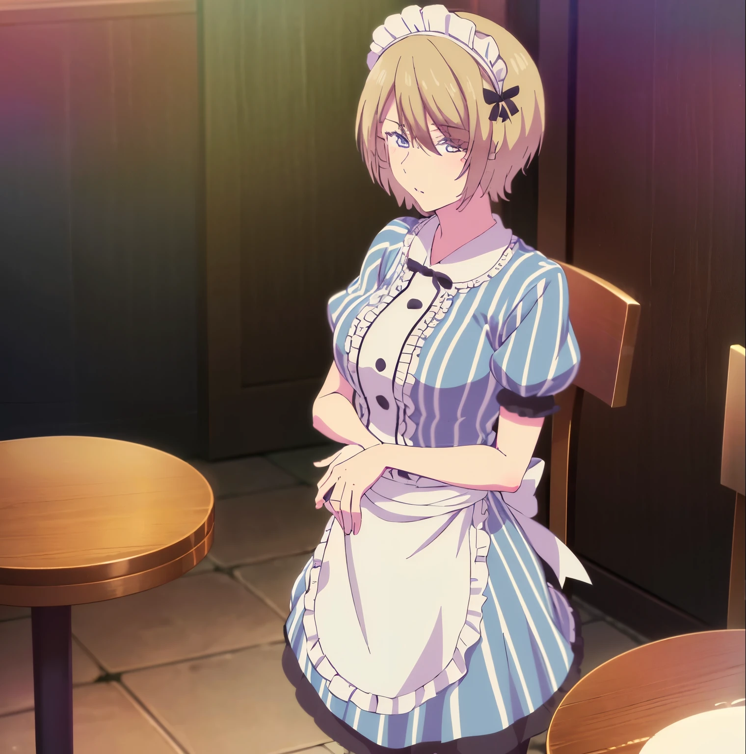 ((1girl)),((alone)), Akane hououji, \(Megami no café terrace\),(masterpiece), (best quality), (ultra detailed), (best illustration), (best shadow), ( absurd ), sharp focus, cowboy shot, atmospheric perspective, depth of field, dynamic posture, ((looking at viewer)), large breasts, narrow waist, wide hips, medium thighs, round butt, erotic, romantic, (highly detailed eyes, lips 1.1), highly detailed eyes, eyes, Highly detailed face, Very pretty face, Symmetrical face, Aesthetic face, perfect face, perfect eyes, detailed eyelashes: 1.5), full height, beautiful slim figure, femininity, expressive appearance, elastic large breasts, sexuality, parted lips, short hair, dull blonde hair, blue eyes,((maid's headdress:1.4)), neckband, ruffles, striped dress, ((white vertical striped dress:1.3)),(( blue dress:1.2)), short sleeve, ((white apron)), ((black pantyhose:1.3)) curves, defined body, perfect and beautiful body, perfect and beautiful, captivated look, mouth closed, ((flirtatious expression)), blushing, (sexy pose: 1.2), standing :1.3,((solo)),((, inside, cafeteria, bar, tables, chairs, cups, coffee maker)), Looking forward,((focus on breasts:1.4)), point of view:(from above), perfect anatomy, perfect hands