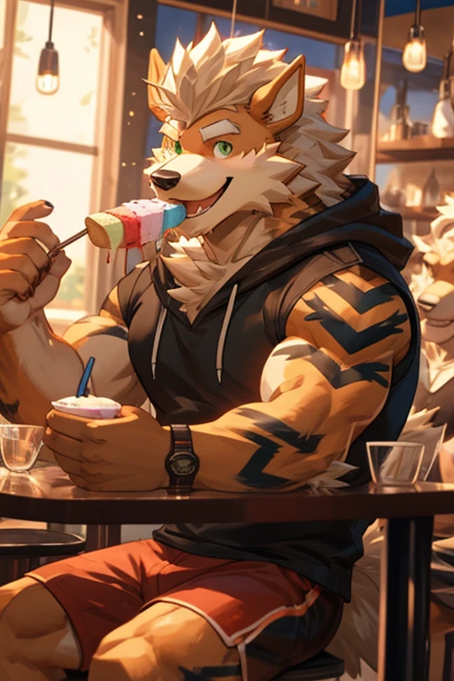 A hulking arcanine with green eyes is smiling and wagging his tail while wearing red shorts and a white sleeveless hoodie while eating ice cream at a cafe cheerfully smiling